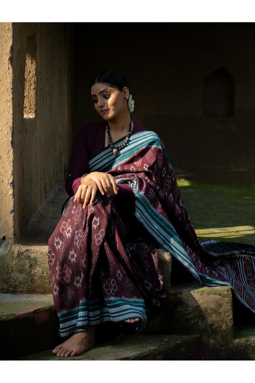 Handwoven Sambhalpuri Ikat Cotton Saree - Deep Brown