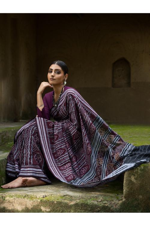 Handwoven Sambhalpuri Ikat Cotton Saree - Brown Elegance