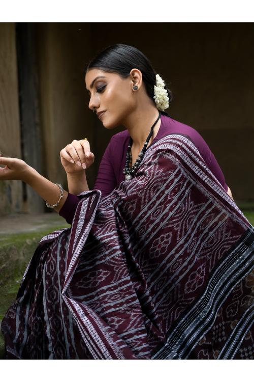 Handwoven Sambhalpuri Ikat Cotton Saree - Brown Elegance