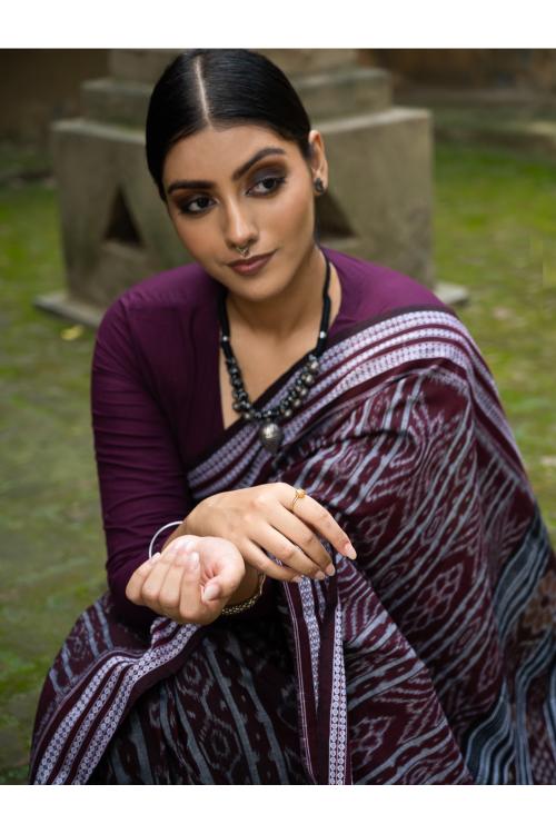 Handwoven Sambhalpuri Ikat Cotton Saree - Brown Elegance