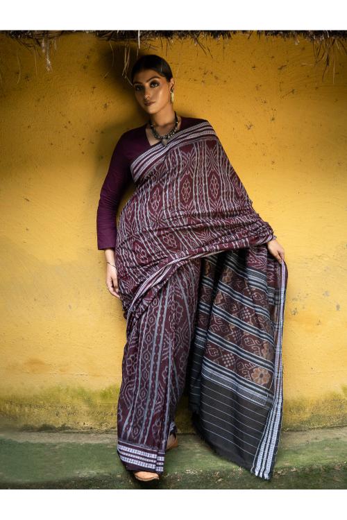 Brown Elegance Handwoven Ikat Cotton Sambhalpuri Saree Online