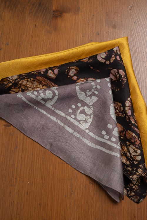 TICH Heritage Batik Print Pocket Squares (Set of 3)-Yellow, Black & Mauvish Grey