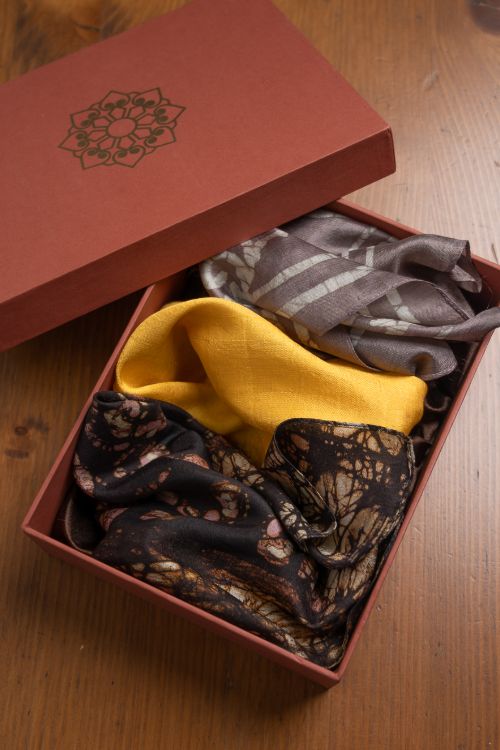 TICH Heritage Batik Print Pocket Squares (Set of 3)-Yellow, Black & Mauvish Grey