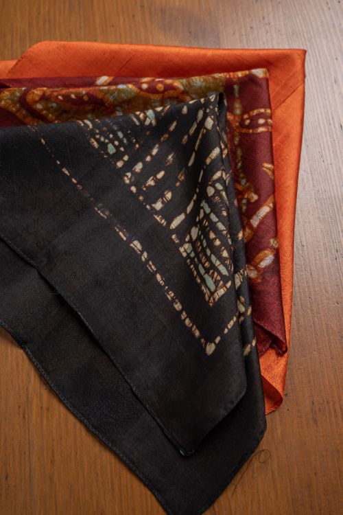 TICH Heritage Batik Print Pocket Squares (Set of 3) -Orange, Maroon & Black