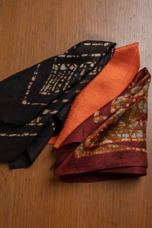 TICH Heritage Batik Print Pocket Squares (Set of 3) -Orange, Maroon & Black