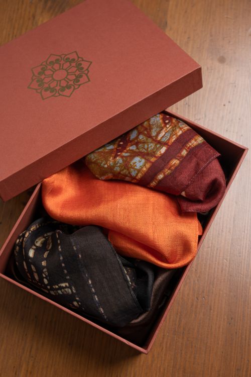 TICH Heritage Batik Print Pocket Squares (Set of 3) -Orange, Maroon & Black