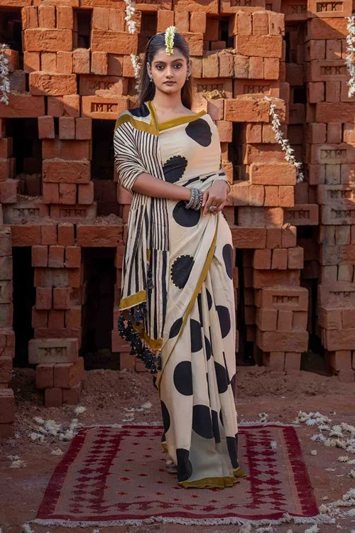 Craftroots Polka Dots Block Printed Modal Silk Saree