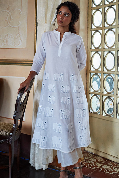 Okhai 'Ivory Tusk' Hand Embroidered Mirror and Applique Work Pure Cotton Kurta