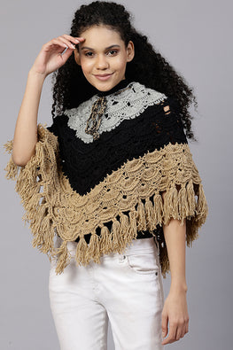 Ajoobaa "Leaf" Poncho With Fringes - Tricolour