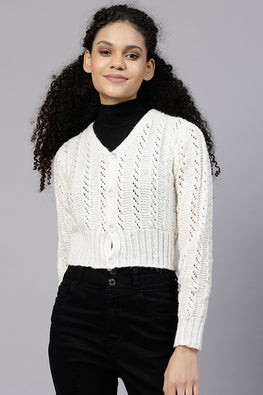 Ajoobaa Handknitted Self Design "Crop" Sweater - Cream