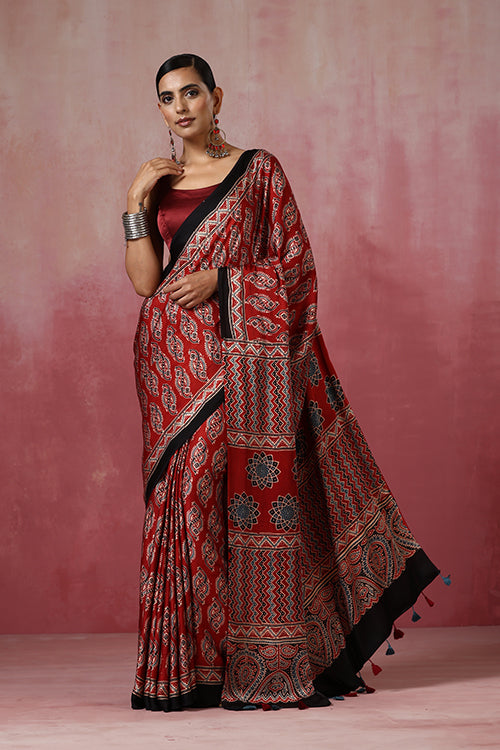 Jahangir Khatri - Red Ajrakh Modal Saree - 046