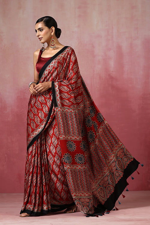 Jahangir Khatri - Red Ajrakh Modal Saree - 046