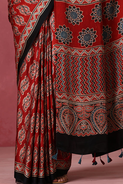 Jahangir Khatri - Red Ajrakh Modal Saree - 046