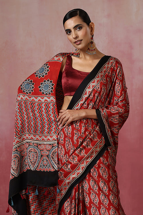Jahangir Khatri - Red Ajrakh Modal Saree - 046