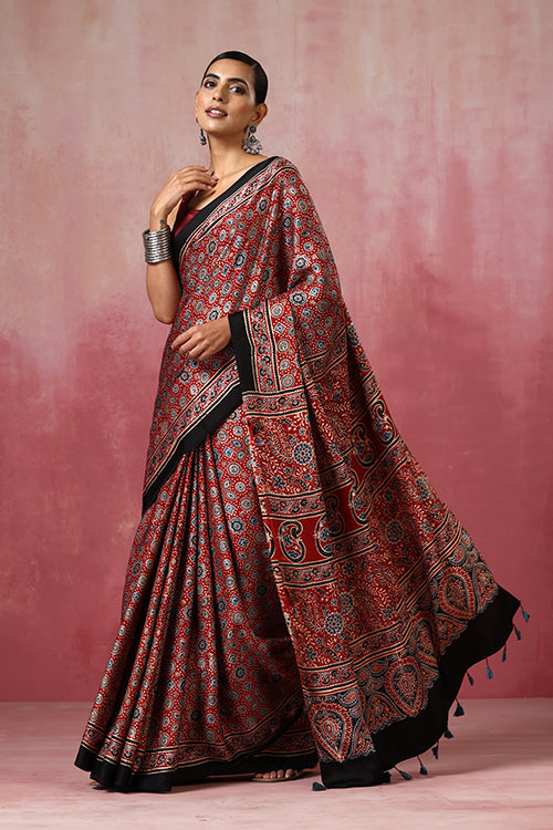 Jahangir Khatri - Red Ajrakh Modal Saree - 047