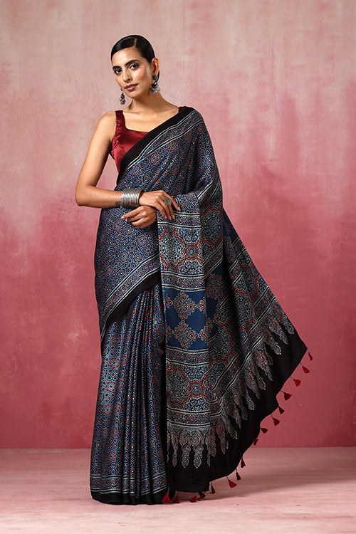 Jahangir Khatri - Indigo Blue Ajrakh Modal Saree - 043