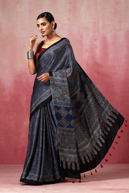 Jahangir Khatri - Indigo Blue Ajrakh Modal Saree - 043