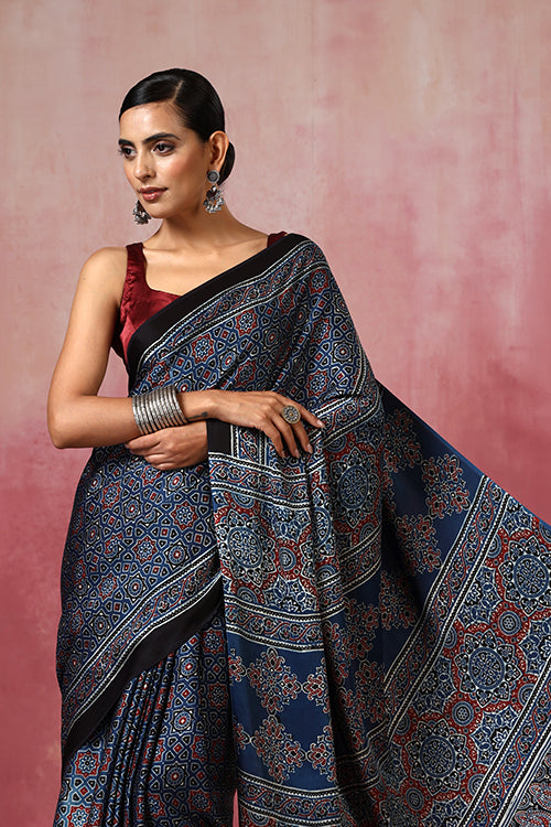 Jahangir Khatri - Indigo Blue Ajrakh Modal Saree - 043