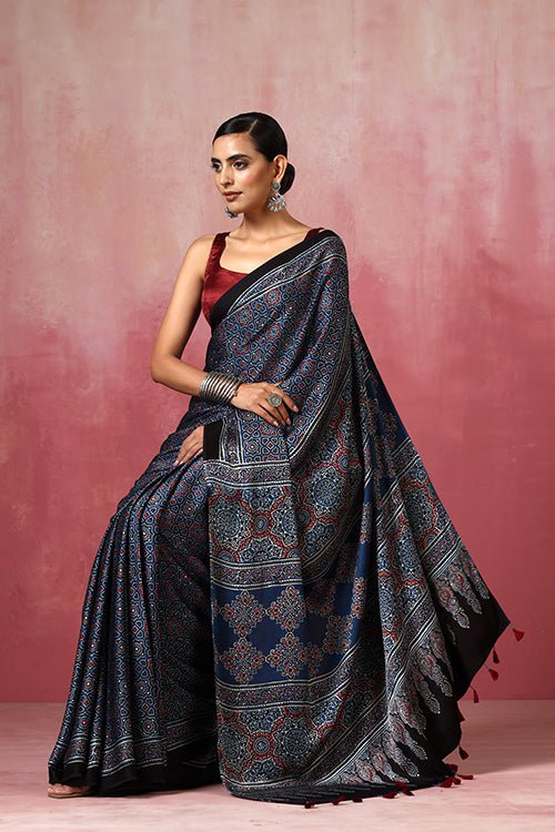 Jahangir Khatri - Indigo Blue Ajrakh Modal Saree - 043