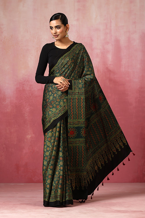 Jahangir Khatri - Green Ajrakh Modal Saree - 049