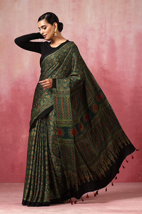 Jahangir Khatri - Green Ajrakh Modal Saree - 049