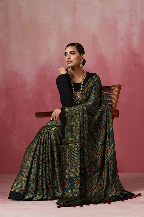 Jahangir Khatri - Green Ajrakh Modal Saree - 049