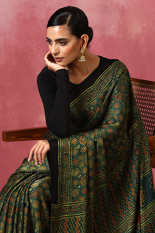 Jahangir Khatri - Green Ajrakh Modal Saree - 049