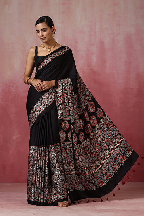 Jahangir Khatri - Black Ajrakh Modal Saree - 055