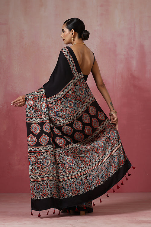 Jahangir Khatri - Black Ajrakh Modal Saree - 055