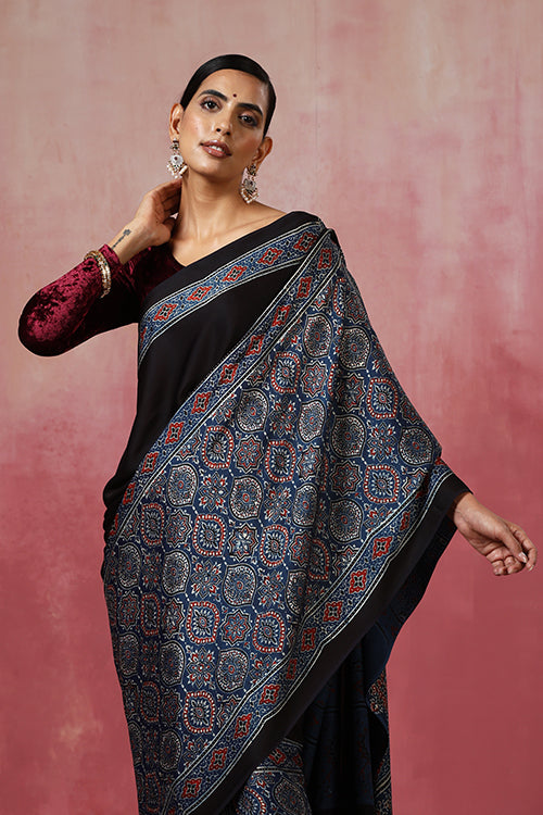 Jahangir Khatri - Indigo Blue Ajrakh Modal Saree