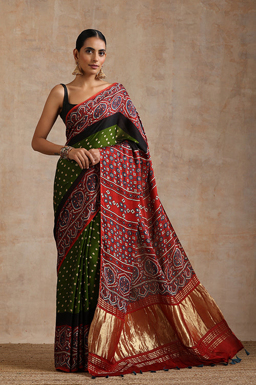 Jahangir Khatri - Red & Green Ajrakh & Bandhani Modal Tissue Saree - 018