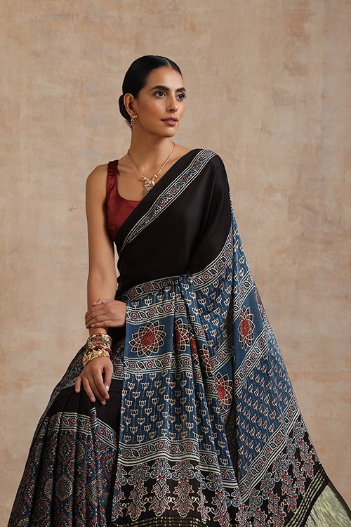 Jahangir Khatri - Indigo Blue Ajrakh Modal Tissue Saree