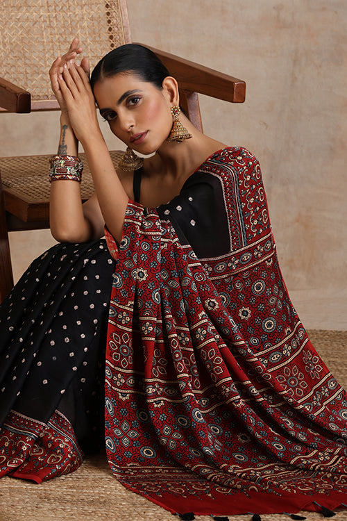 Jahangir Khatri - Red & Black  Ajrakh & Bandhani Modal Saree