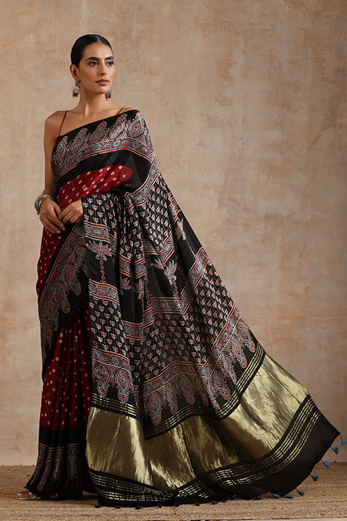 Jahangir Khatri - Black & Maroon Ajrakh & Bandhani Modal Tissue Saree