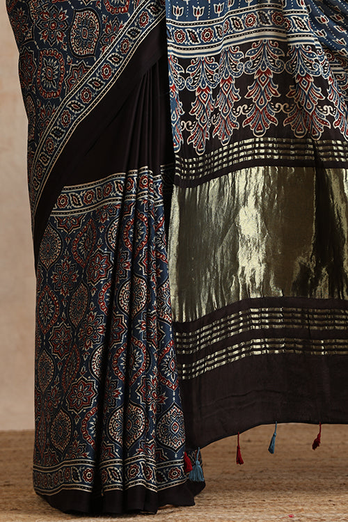 Jahangir Khatri - Indigo Blue Ajrakh Modal Tissue Saree