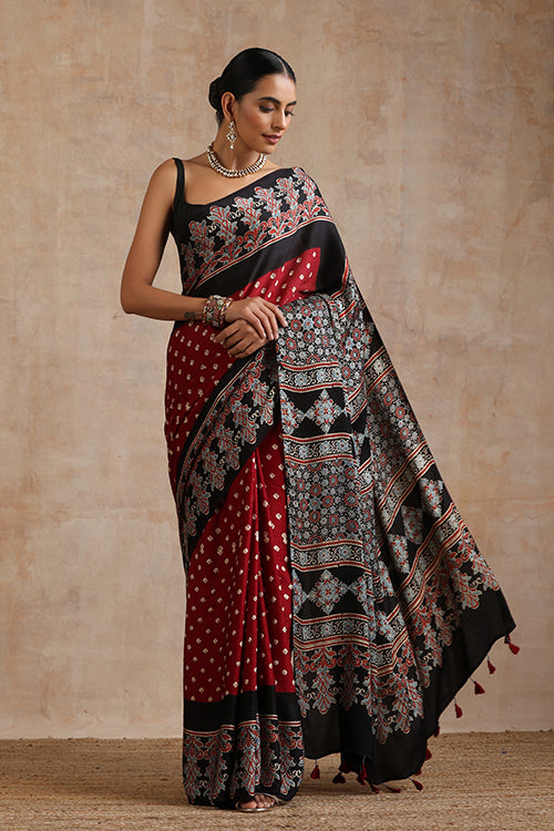 Jahangir Khatri - Black & Maroon Ajrakh & Bandhani Modal Saree