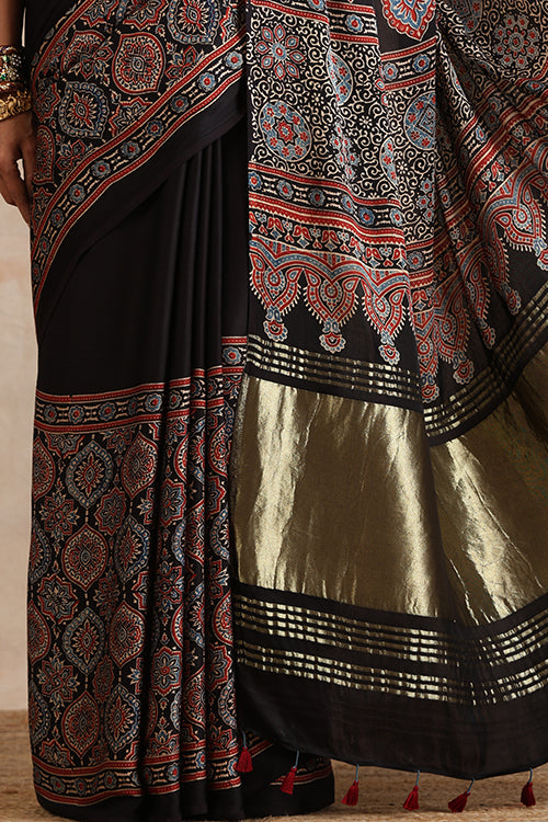 Jahangir Khatri - Black Ajrakh Modal Tissue Saree - 030