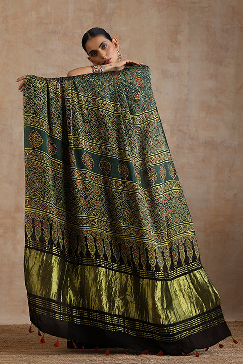 Jahangir Khatri - Green Ajrakh Modal Tissue Saree - 024