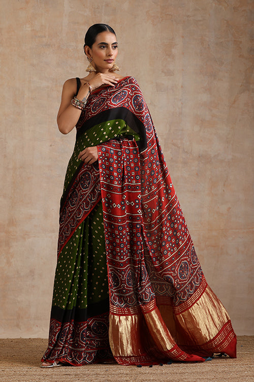 Jahangir Khatri - Red & Green Ajrakh & Bandhani Modal Tissue Saree - 018