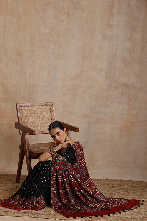 Jahangir Khatri - Red & Black  Ajrakh & Bandhani Modal Saree