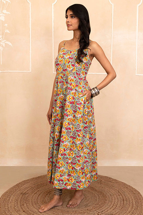 Shuddhi Hand Block printed Mint Green Spaghetti Dress