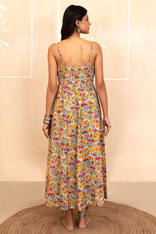 Shuddhi Hand Block printed Mint Green Spaghetti Dress