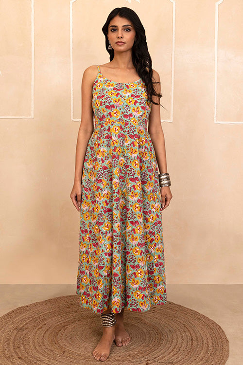 Shuddhi Hand Block printed Mint Green Spaghetti Dress