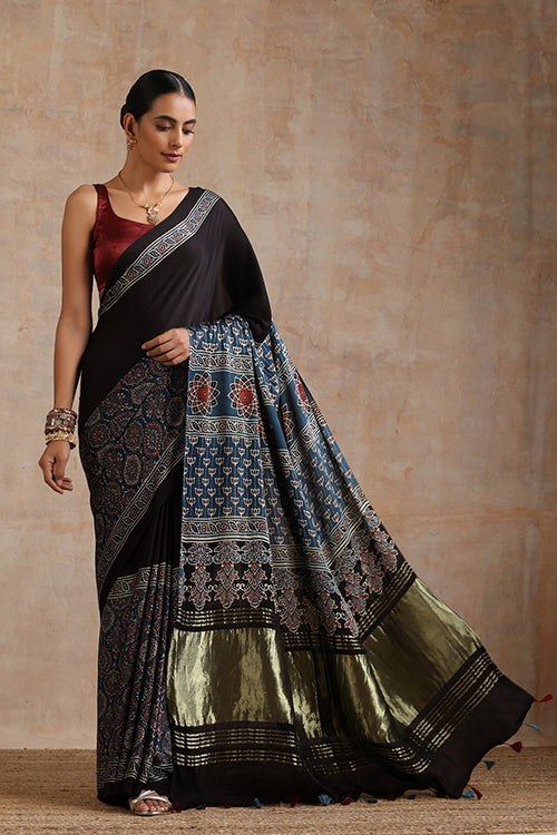 Jahangir Khatri - Indigo Blue Ajrakh Modal Tissue Saree