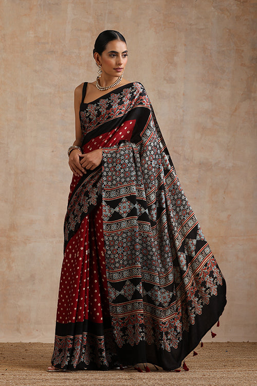 Jahangir Khatri - Black & Maroon Ajrakh & Bandhani Modal Saree