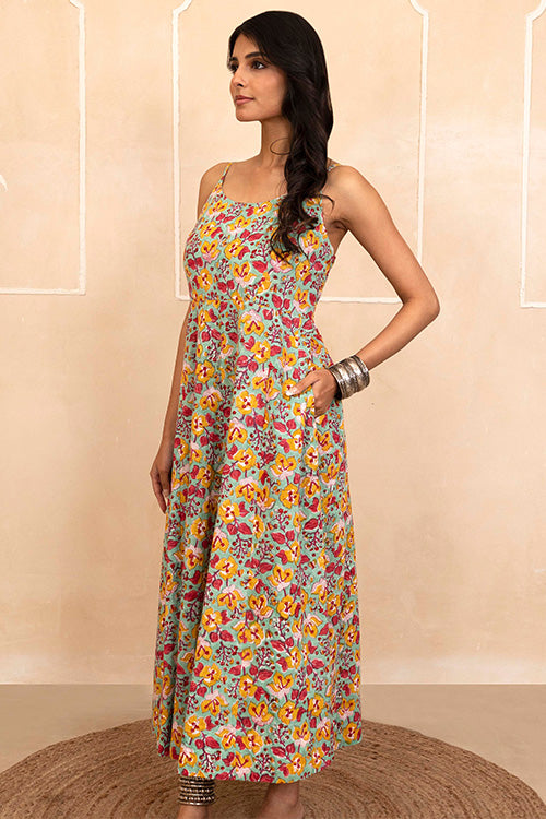 Shuddhi Hand Block printed Mint Green Spaghetti Dress