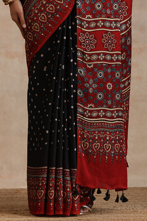 Jahangir Khatri - Red & Black  Ajrakh & Bandhani Modal Saree