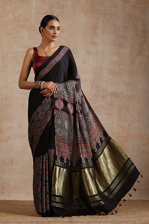 Jahangir Khatri - Black Ajrakh Modal Tissue Saree - 030
