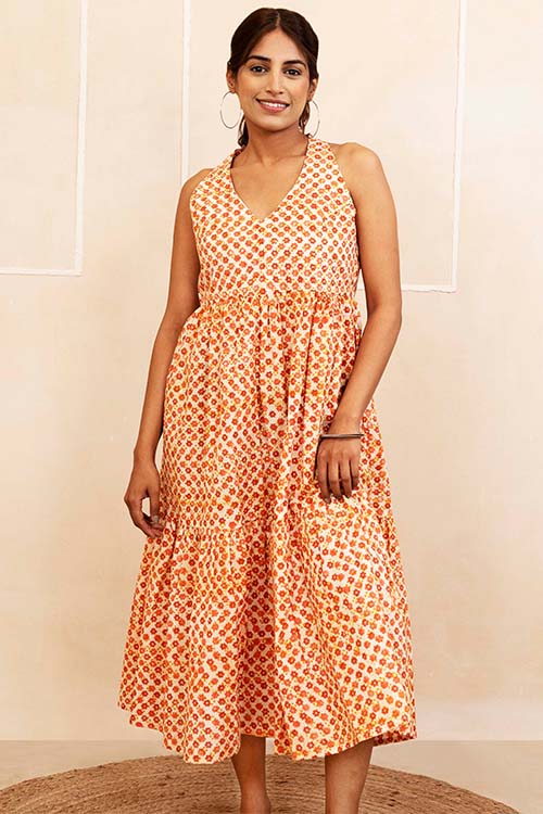 Shuddhi Mustard and Maroon Halter Neck Dress