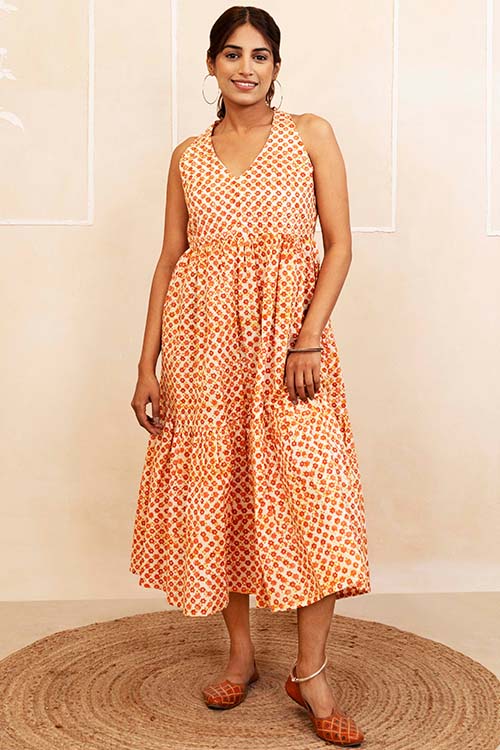 Shuddhi Mustard and Maroon Halter Neck Dress